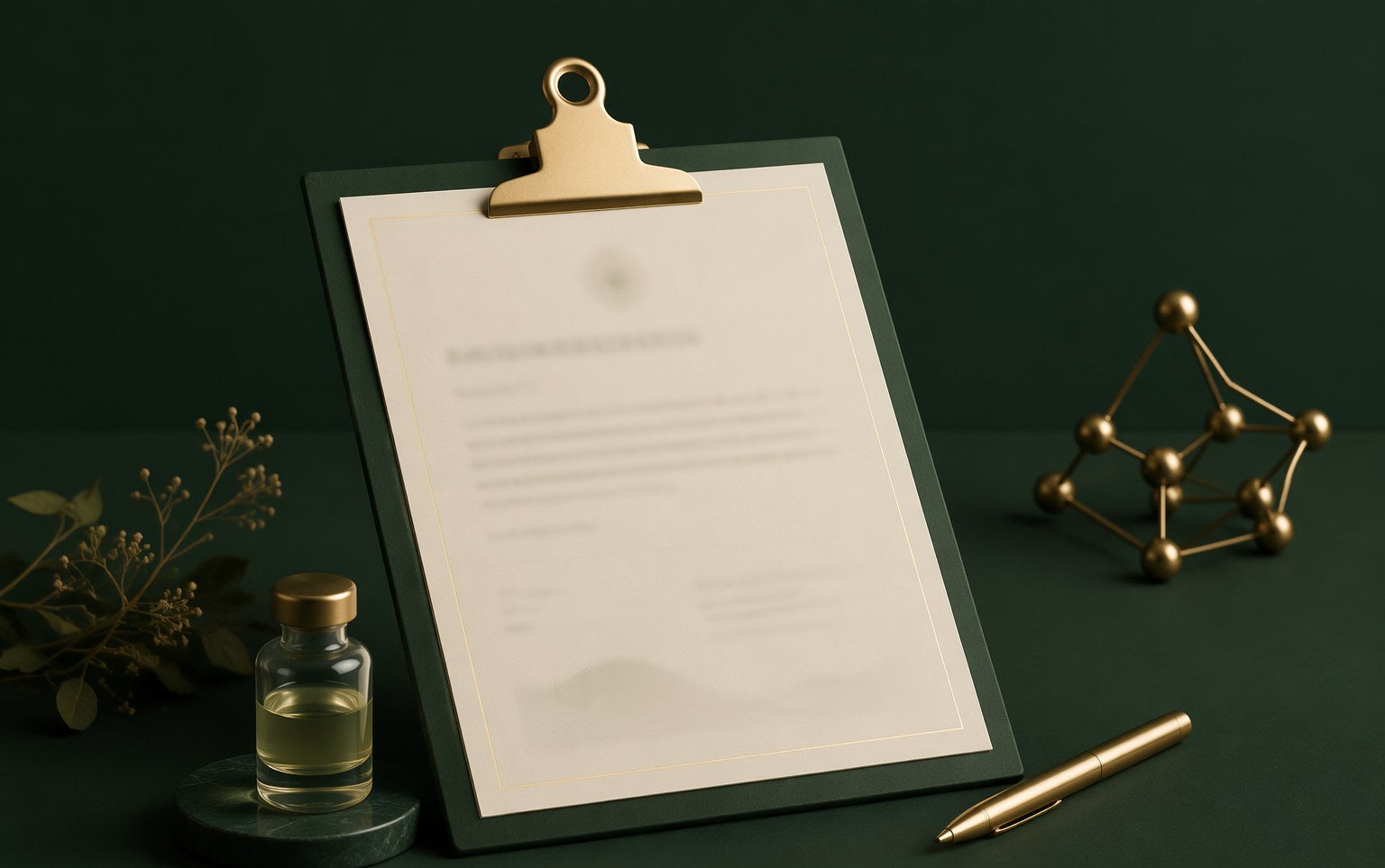 Clipboard with a laboratory report beside a glass vial