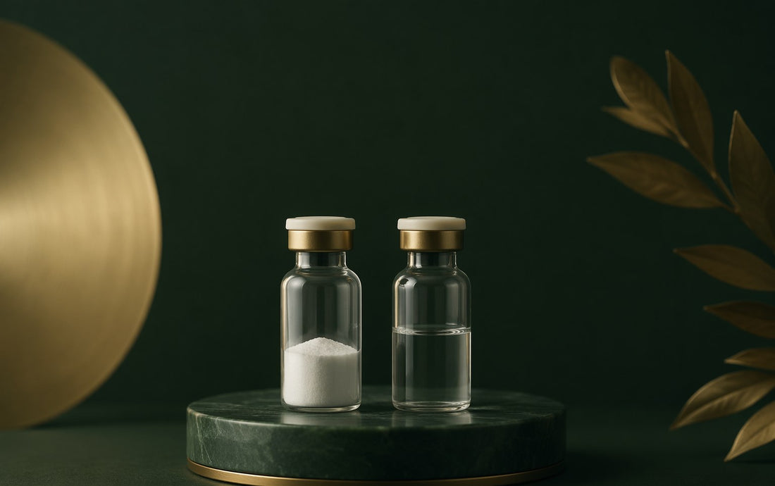 Two vials side by side, one with dry powder and one with liquid
