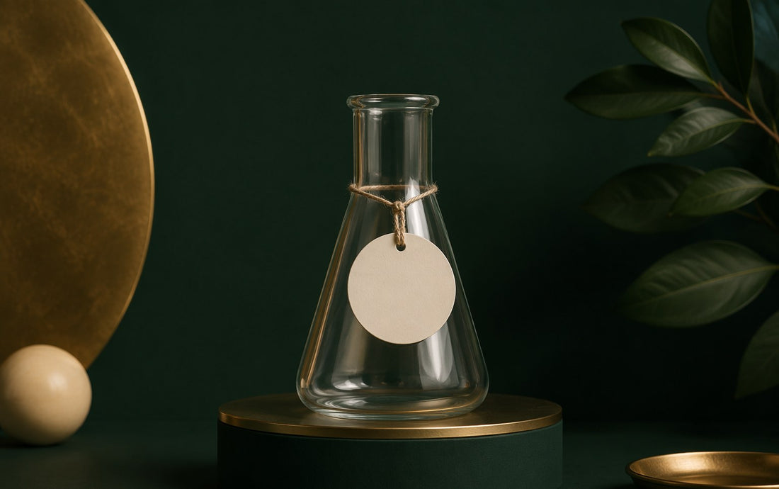 Glass laboratory flask with a blank tag, representing research-use-only notice