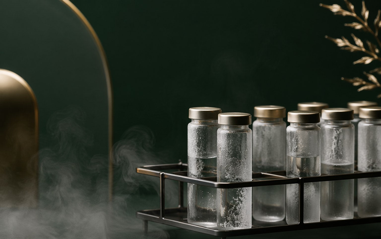 Glass vials in a cooling rack with frost, representing cold storage