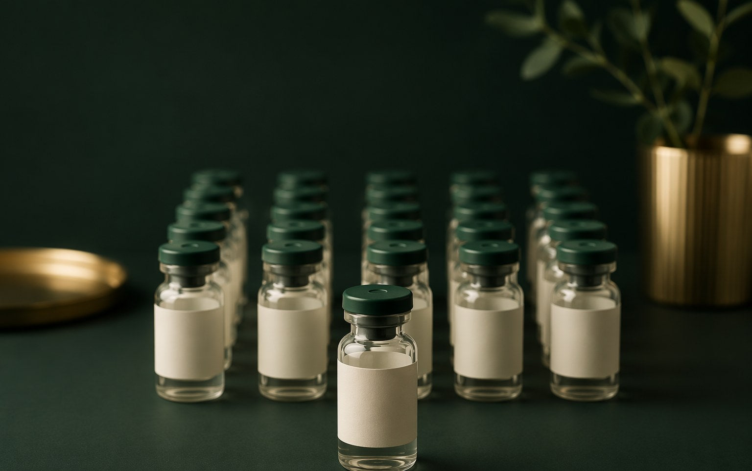 Laboratory vials with blank labels arranged in a grid, representing lot tracking